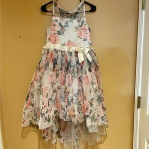 Girls' Sleeveless Floral High-Low Dress with Bow - White & Pink Size 15